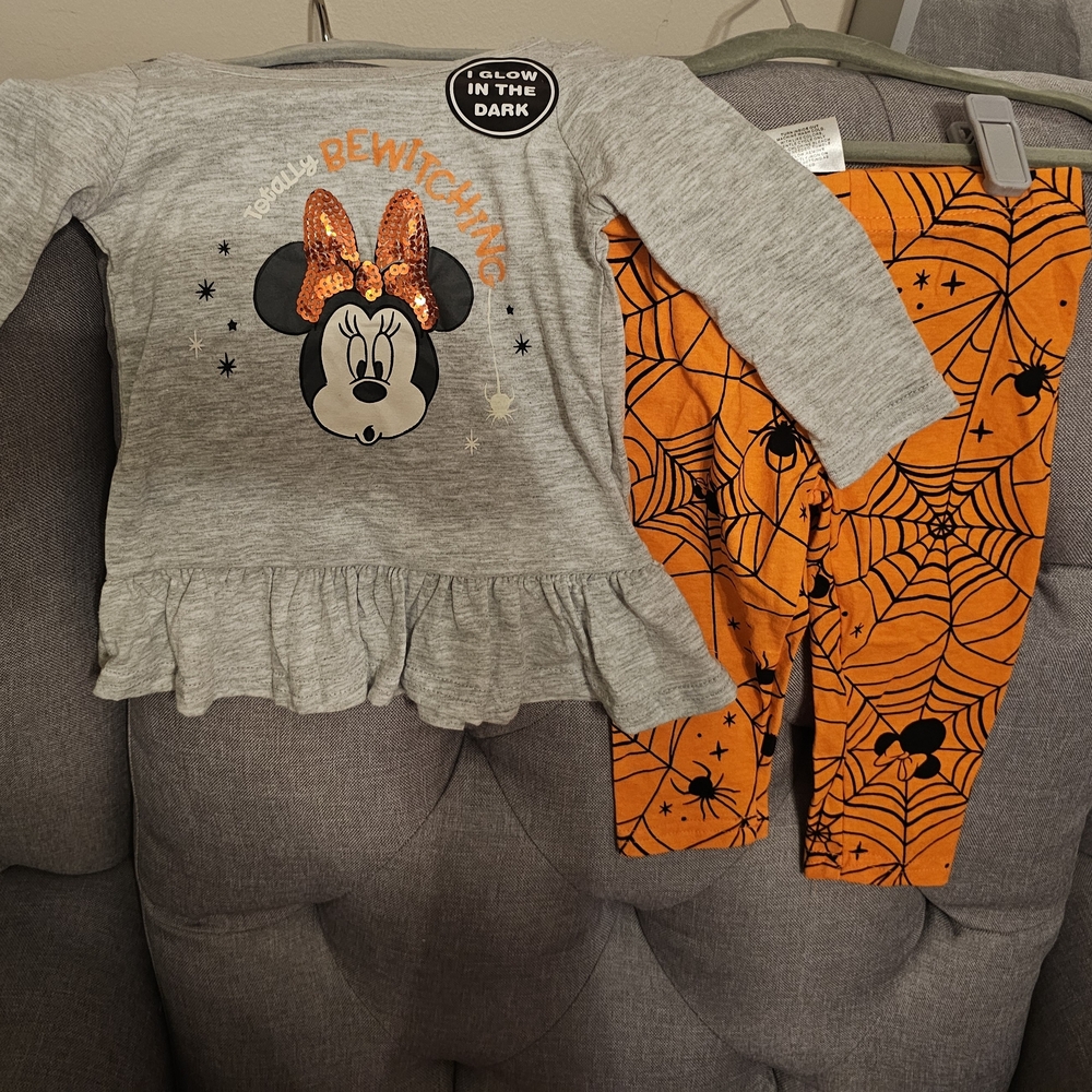 NEW Minnie Mouse Halloween 2 Piece Set Girls 24 Months Glow in the Dark Gray